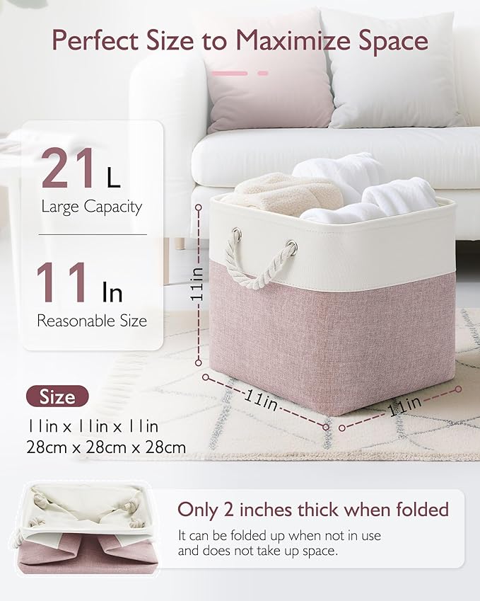 11 Inch Cube Storage Bins, 6 Pack Fabric Storage Cubes with Rope Handles, Organizer Baskets for Closet Shelves, Clothes and Home Organization(White/Pink)