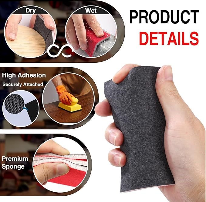 Sanding Sponge, 180-3000 grit Sanding Block, Soft Foam Hand Sanding Blocks, Wet/Dry Sandpaper, Washable and Reusable, Suitable for Wood, Metal, Drywall, Glass and Other Materials.