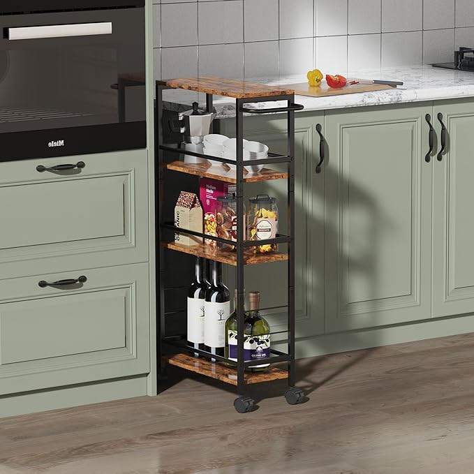 Slim Rolling Cart, 4-Tier Kitchen Storage Rolling Cart, Narrow Cart with Handle, Mobile Utility Cart for Small Space, Shelving Unit for Kitchen, Dining Room, Living Room, Home Office, Laundry Room