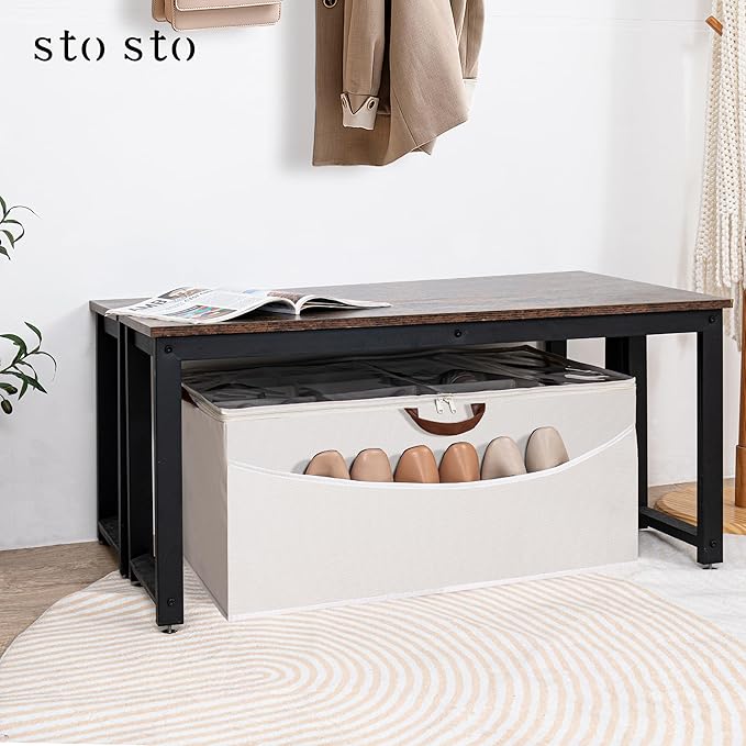 STO STO Shoe Organizer for Closet, Fits Up to 16 Pairs, XL Shoe Box Containers with Adjustable Dividers, Clear Cover Shoe Storage Bins, Stackable Space Saving Shoes Holder for Shoes and Boots, Beige