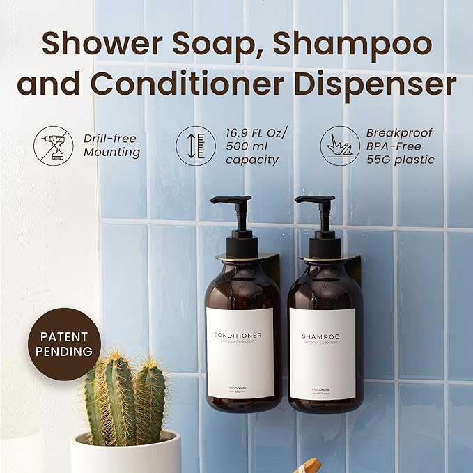 MaisoNovo Shampoo and Conditioner Dispenser - Shower Soap Dispenser Wall Mounted - 16.9 fl oz Set of 2 Amber Plastic Bottles Black Pump - 2 Chamber No Drill
