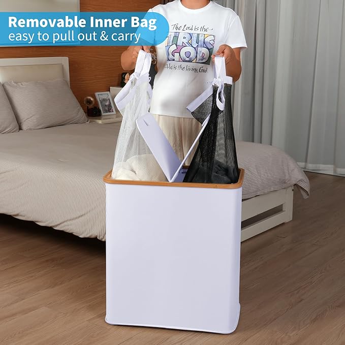 efluky Laundry Hamper with Lid, Double Laundry Hamper with 2 Removable Bags, 2 Section Laundry Basket with Bamboo Handles for Bathroom, Bedroom & Laundry Room -White