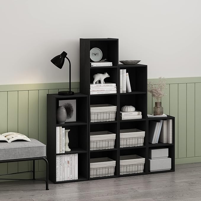 Furinno PASIR Book Shelf, 4-Tier Modern Bookshelf, Open Shelves Bookcase 9 x 12 x 42, for Living Room, Bedroom, Home Office, Blackwood
