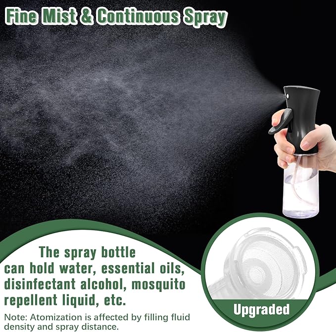Spray Bottle For Hair,Continuous Water Mister for Hairstyling, Salons, Cleaning, Plants,Essential Oil Scents,Ultra Fine Mist Sprayer,6.8 OZ /200 ML-Black