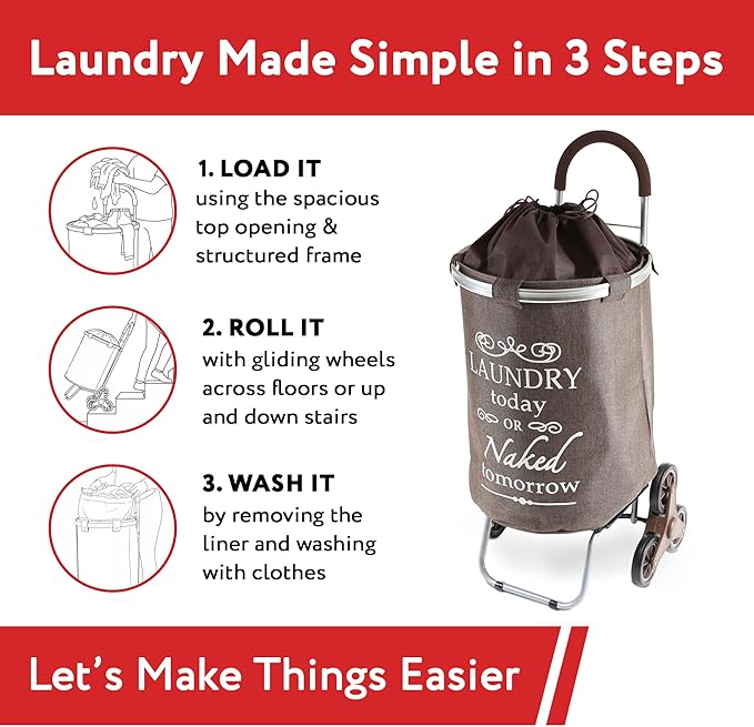 dbest products Stair Climber Laundry Trolley Dolly, Brown Laundry Bag Hamper Basket cart with wheels sorter