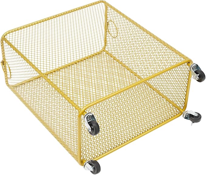 Gold Metal Laundry Basket with Wheels, Rolling Laundry Hamper Cart Gold Mesh Laundry Clothes Sorter Storage Cart Organizer Shelf Basket Durable for Laundry Room
