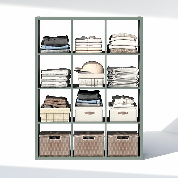 Furinno Cubic Closet Organizers and Storage, 12-Cube Closet Organizer, Open Shelf Closet Storage, Extra Thick Frame for Wardrobe, Bedroom, Living Room, Sage Green
