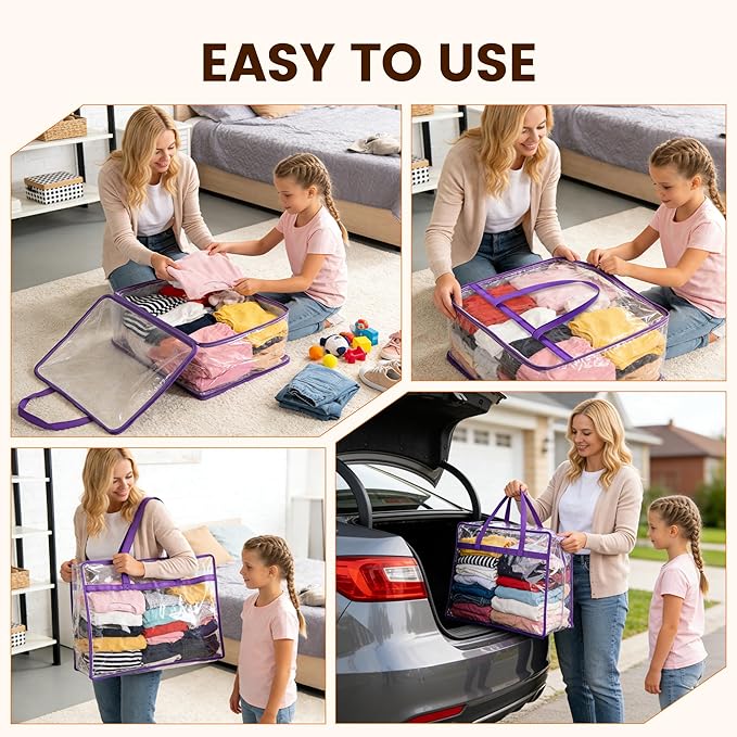 6 Pack Clear Clothes Storage Bags, Double Zipper Design 40L Underbed Moving Bags for Blankets and Clothes, Large Capacity Closet Organizers and Storage for Dormitory, Bedroom, Closet-Purple