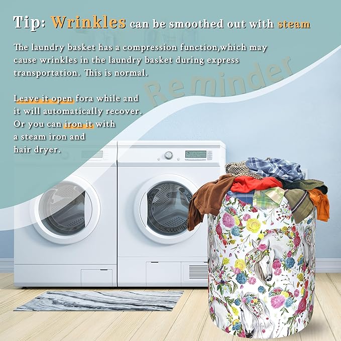 Beautiful Horse Laundry Basket Colorful Floral Animal Laundry Hamper Foldable Oxford Cloth Funny Tote Bag Clothes Toy Storage Bucket For Bathroom/Laundry Storage/Bedroom 18.9 x 16.5 Inch