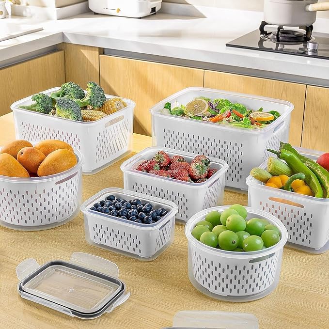 Freshmage Fruit Storage Containers for Fridge with Removable Colander, Airtight Food Storage Container, Dishwasher Safe Produce Saver for Refrigerator, Keep Berry Fruit Fresh Longer 8 pcs Small Clear