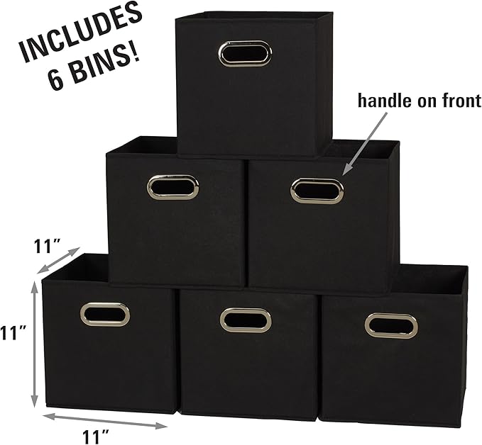 Household Essentials Foldable Fabric Storage Bins 6 Piece Set, Strong Poly-Woven Fabric, Sturdy Chipboard Sides, Grommet Front Handle, Stackable and Foldable, Classic Design, Black