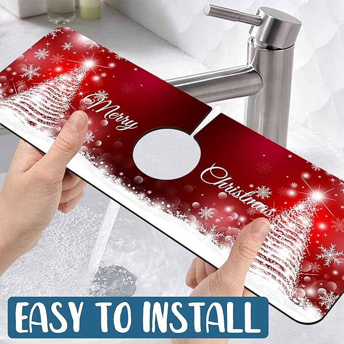 Christmas Merry Xmas Sink Faucet Absorbing Mat Santa Claus Super Absorbent Fast Drying Mat Sink Gadgets Behind Faucet Sinkmat for Kitchen Bathroom, 15.5"x5.5"