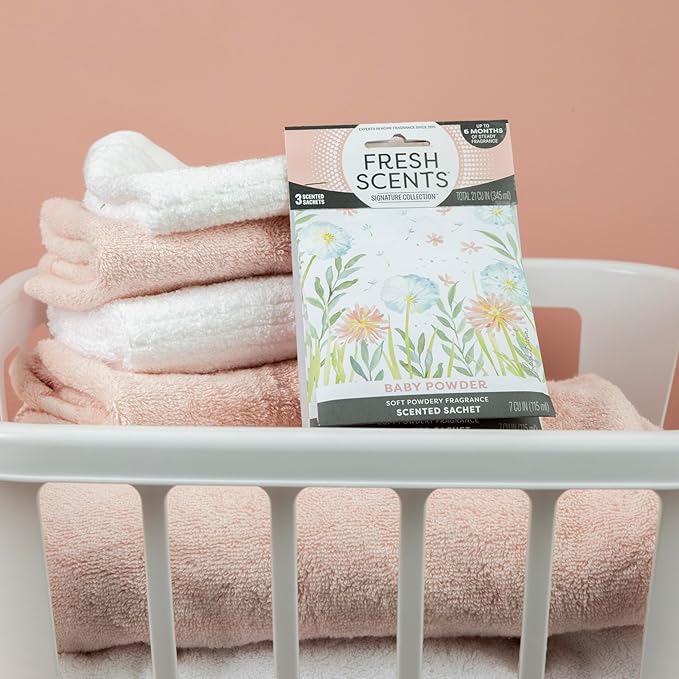 Fresh Scents Scented Sachets | Baby Powder | Home Fragrance | Long Lasting (Up to 6 Months) | Air Freshener for Closets, Drawers, & Cars | 6 Pack