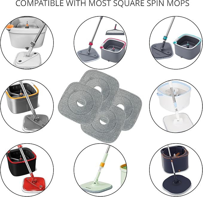 True & Tidy® 6-Pack 9 inch Extra Thick Microfiber Pad Refill for SPIN-800 TrueClean Mop & Bucket Square, Compatible with M16 and Most Square Spin Mop and Bucket, Machine Washable up to 100x