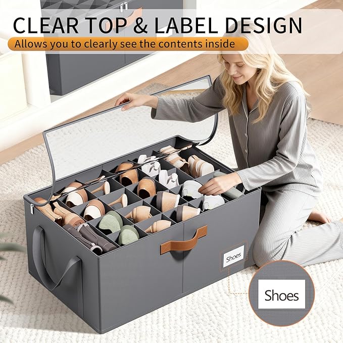 2 Pack Shoe Organizer for Closet, Foldable Shoe Storage Organizer with Clear Cover, Lable and Reinforced Handles, Space Saving Shoes Box Fits up to 20-40 Pairs, Gray