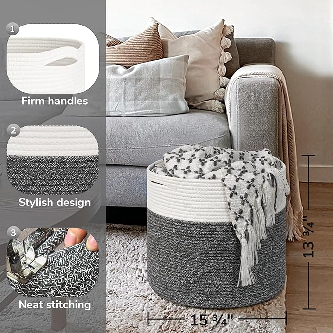 Goodpick Large Cotton Rope Basket, Blanket Basket Living Room 15.8"x15.8"x13.8" Baby Toy Storage, Woven Storage, Gray