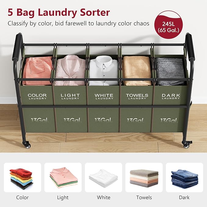 Tajsoon 5 Sections Laundry Sorter, Laundry Hamper with Heavy Duty Lockable Wheels and Removable Bags, 5 Bag Laundry Sorter Cart for Dirty Clothes Storage, Green