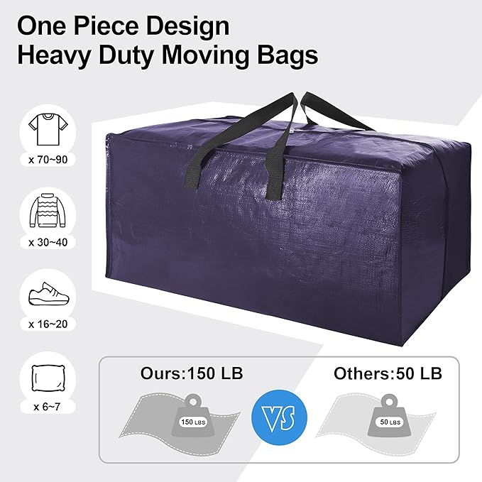 6 Pack Heavy Duty Extra Large Moving Bags W/Backpack Straps - Strong Handles & Zippers, Storage Totes For Space Saving, Fold Flat, Alternative to Box and Bin (40 gal, Semi-Transparent+Blue+Black)
