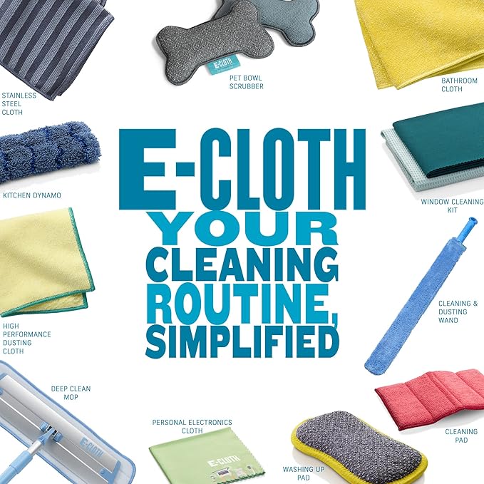 E-Cloth 6-pc Home Cleaning Essentials, Contains Multiple Microfiber Cleaning Cloths for a Streak-Free Clean Glass, Window, Kitchen, Dust, Granite, and Marble, 100 Wash Promise