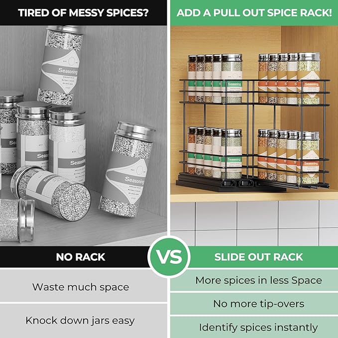 Pull Out Spice Rack Organizer for Cabinet, Slide Out Spice Racks, Easy to Install Spice Cabinet Organizers, 5.28" Wx10.43 Dx8.26 H, 2 Drawers 2 Tiers(Black)