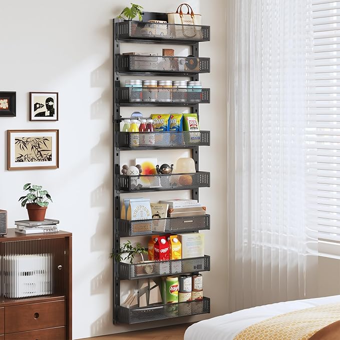 Pantry Door Organizers and Storage,6-Tier Large Wide Metal Heavy-Duty Frame Over the Door Spice Rack, 2 in 1 Wall-Mounted or Hanging shelf for Kitchen, Bathroom, Laundry Room, Bedroom, Closet &Nursery