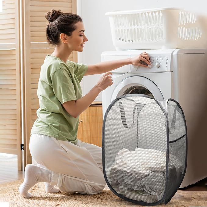 The upgraded pop-up laundry basket features a breathable side pocket mesh design, making it ideal for rooms, apartments, dormitories, travel, business trips, and children's storage(2, Gray)