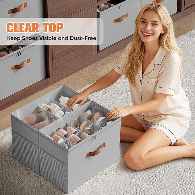 2 Pack Shoe Organizer for Closet,Foldable Shoe Storage Organizer with Adjustable Dividers, Shoe Storage Box with Clear Cover, Fits up to 16 Pairs, Gray