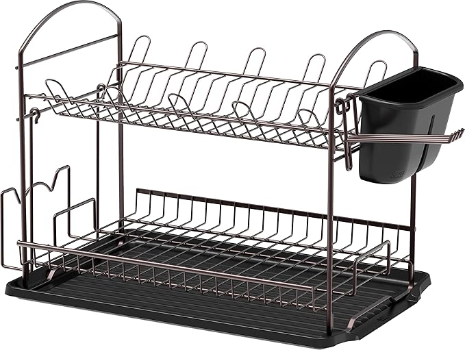 Simple Houseware 2-Tier Dish Rack with Drainboard, Bronze