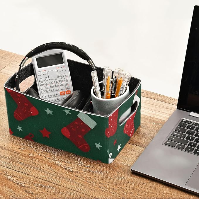 Green Christmas Socks with Stars Closet Storage Bins 2 Pcs Felt Open Home Storage Containers Organizer with Handles Collapsible Shelf Basket for Home Office Craft Room Classroom Fabric