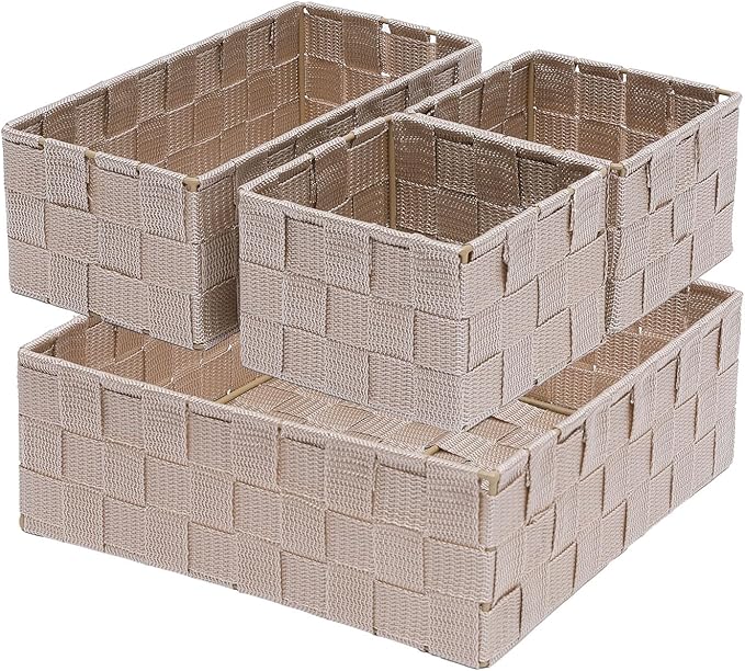 Storage Bins Woven Organizer Set of 4 – Polypropylene Storage Baskets with Metal Frame, Stackable Fabric Boxes for Drawers, Closet, Shelf, Nursery and Office, Beige