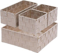 Storage Bins Woven Organizer Set of 4 – Polypropylene Storage Baskets with Metal Frame, Stackable Fabric Boxes for Drawers, Closet, Shelf, Nursery and Office, Beige