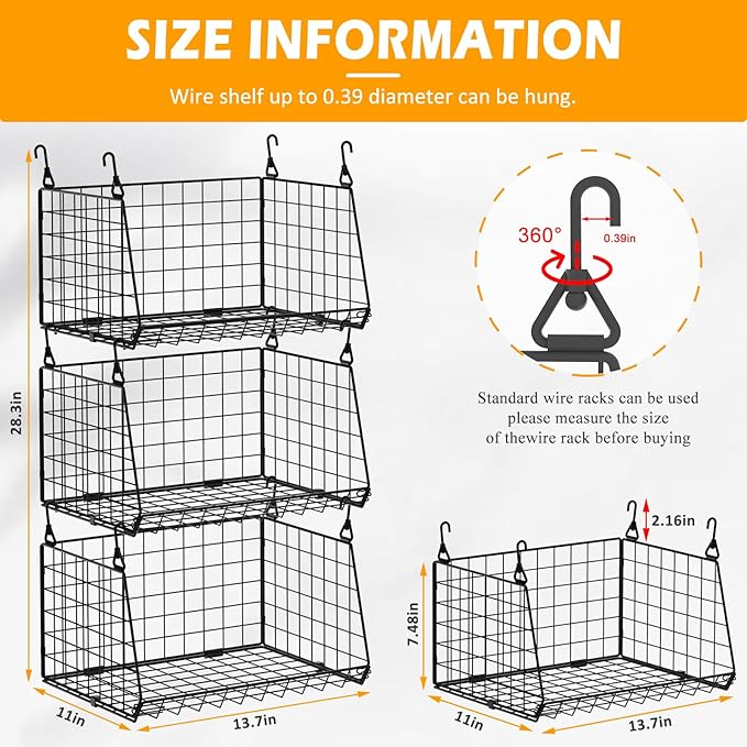 3-Pack Under Shelf Hanging Baskets - Space Saving Pantry Shelf Organizer with 360° Rotating Hooks for Kitchen Storage, Foldable Small Space Solutions for Pantry Organization, Black