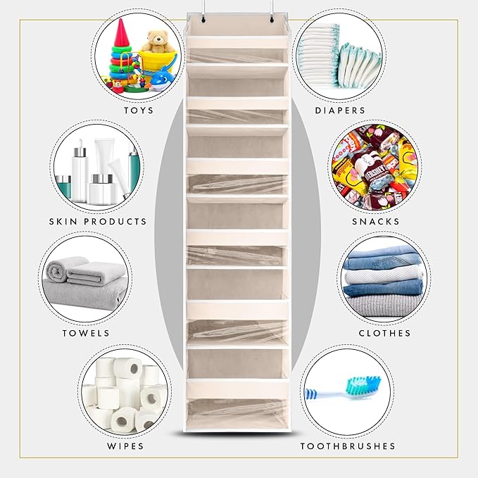 HOMELUX THEORY UPGRADED 6 Tiers Over The Door Organizer Hanging - 100D EXTRA THICK & 50lbs HUGE CAPACITY, 12 Side Mesh Pockets Over The Door Shoe Organizer, Hanging Closet Organizer (Ivory, 1pc)