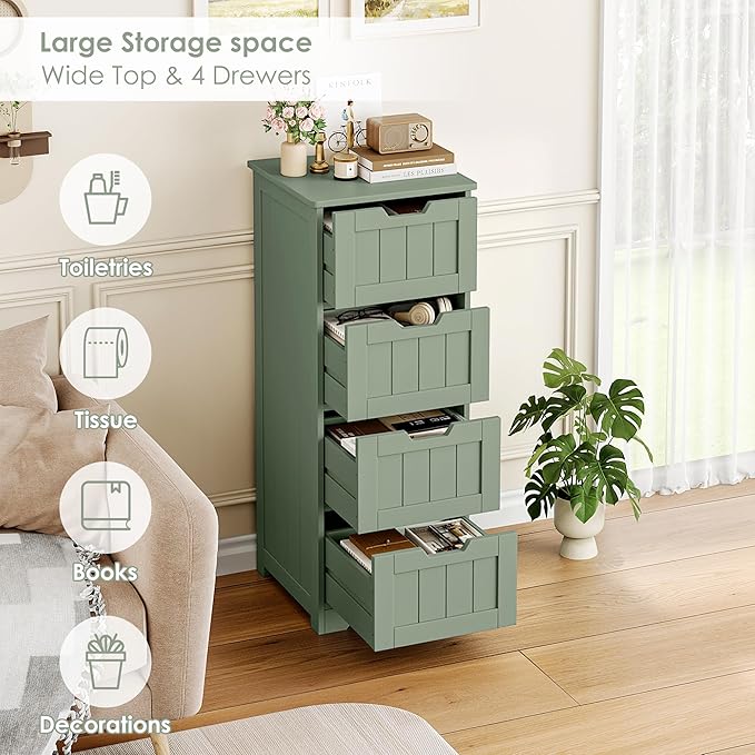 FOTOSOK Bathroom Storage Cabinet, Bathroom Cabinet with 4 Drawers, 11.8” x 11.8” x 32.5” Freestanding Entryway Cupboard Storage Organizer Unit Home Furniture Decor, Green