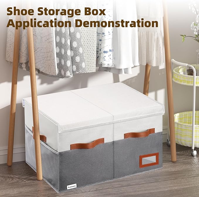 Shoe Organizer for Closet, Foldable Shoe Storage Bins with Lid & Adjustable Dividers, Fabric Shoe Box Storage Containers with Four Reinforced Handles, Fits 20 Pairs, 1 Pack, Grey