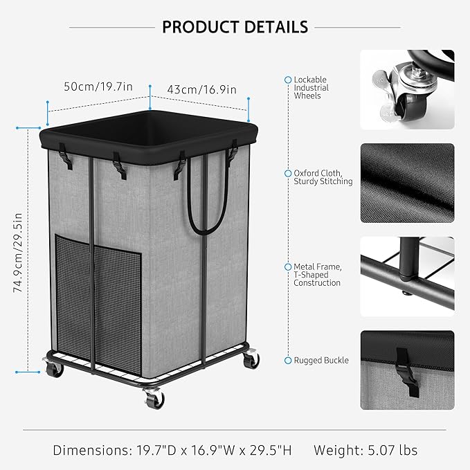 150L Large Laundry Hampers, Oxford Fabric Laundry Hampers Clothes Hampers, Metal Frame and Removable Bag Design with Wheels, Suitable for Bedroom, Bathroom, Dorm Room, Laundry Room (Cationic Gray)