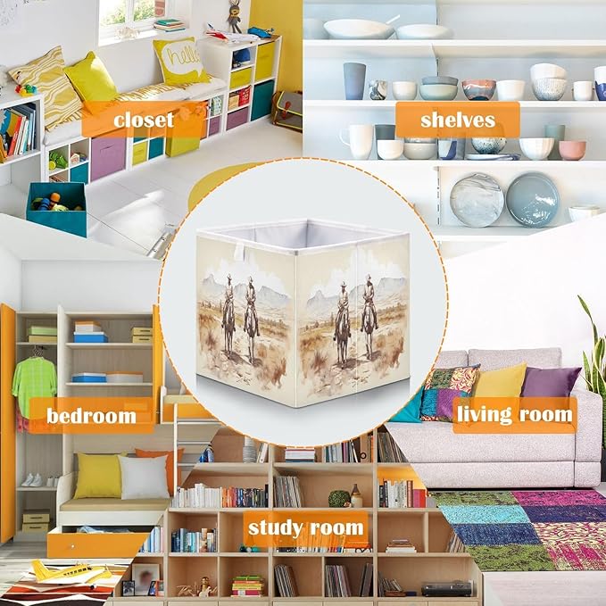 Two Western Cowboys Cube Storage Bin Foldable Storage Cubes Fabric Storage Baskets for Shelf Closet Home Organizers, 11 Inch