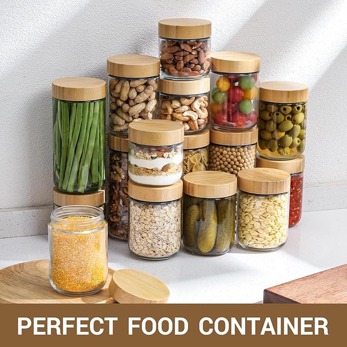 NETANY 4-pack 24oz Glass jars with Airtight Lids, Overnight Oats Containers with Bamboo Lids, Wide mouth Mason Salad jars, Glass Food Storage Containers for Snacks Yogurt Spice Sugar