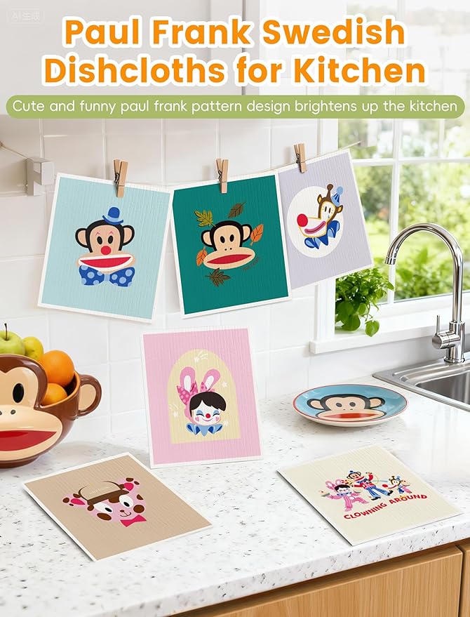 Paul Frank Swedish Dishcloths for Kitchen, 6 Pack Funny Swedish Dish Cloths Reusable Paper Towels, Super Absorbent Dish Cloths Washable Non-Scratch for Home Kitchen, Cellulose Sponge Cloths No Odor