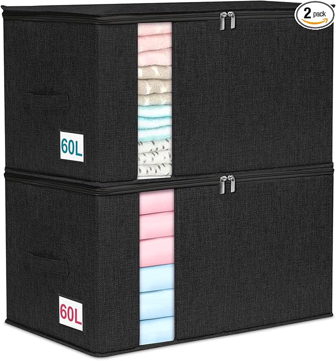 punemi 2 Pack Clothes Storage, Sturdy Blanket Storage Bags with Side Bottom Support, Storage Containers for Organizing Bedroom Closet Clothing Comforter, Organization and Storage W/Lids Handle,Black