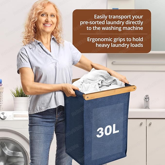 30L Double Laundry Basket with Lid – Solid Wooden Hamper Basket with Shelf, 2 Removable Washing Baskets & Wheels, Heavy Duty Rolling Laundry Organizer for Small Spaces