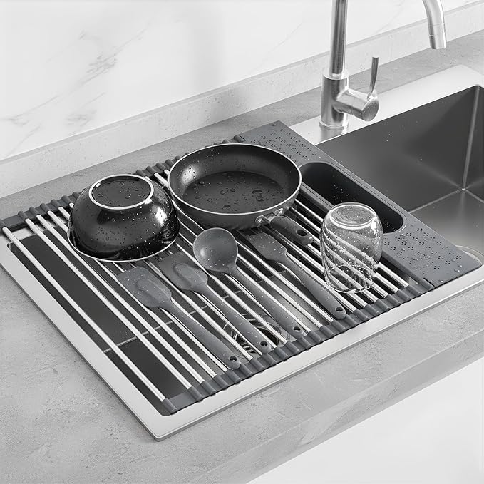Roll Up Dish Drying Rack Over Sink, 17.5" x 15.2" Foldable SUS304 Stainless Steel Kitchen Dish Drainer, Heat-Resistant Multipurpose Rolling Sink Rack Organizer,Grey
