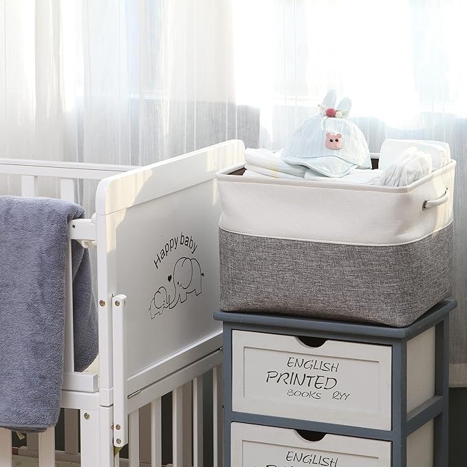Sea Team 3-Pack Large Storage Basket Set, Trunk Organizer, Clothes Toys Bin, 15 x 10 x 10 Inches, Big Rectangular Canvas Fabric Collapsible Shelf Box with Handles for Kids Room (Grey/White)