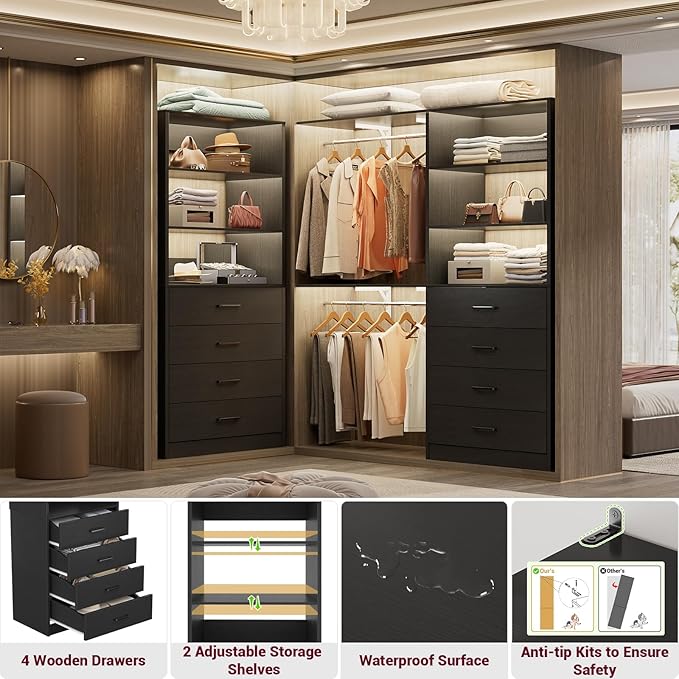 Aheaplus Closet Drawers Organizer System, 3.54FT Wood Closet System with 4 Drawers, Modular Walk-in Closets Storage Unit, Tall Bookshelf Storage Cabinet, Black (2 Packs)