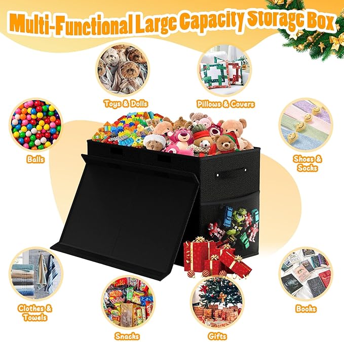 Large Toy Storage Box with Lid Divider, Sturdy Collapsible Toys Organizer Chest Kids Storage Bins Boxes Baskets for Boys, Girls, Nursery, Bedroom, Living Room, Playroom, 25"x13"x16", Black