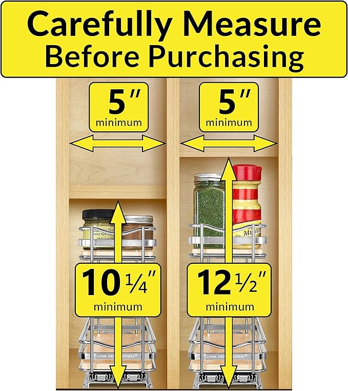 LYNK PROFESSIONAL® Élite™ Pull Out Spice Rack Organizer for Inside Kitchen Cabinets - 4-3/8 inch Wide - Slide Out Drawer – Wood/Chrome Sliding Spice Organization for cabinet - Spice Racks - 2 Tier