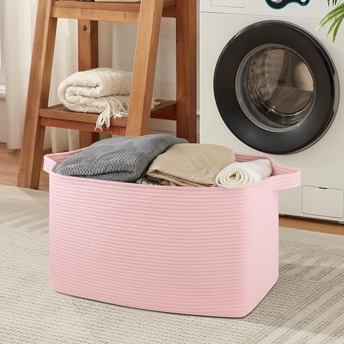 95L Extra Large Blanket Basket, 24" x 16.9" x 14.2" Woven Storage Basket for Living Room, Rectangle Nursery Blanket Storage for Toys, Towels, Dirty Clothes (Pink)