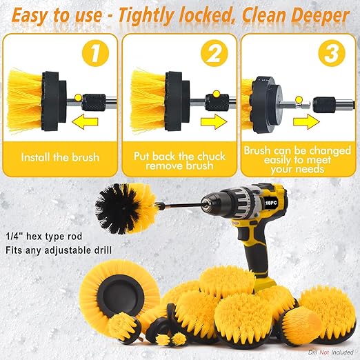 SHIELDPRO 18 Pack Drill Brush Attachment Set, Power Cleaning Scrub Brushes for Drill, Extend Long Attachment, All Purpose for Bathroom, Car Detailing, Carpet, Tile Grout, Sinks, Corners
