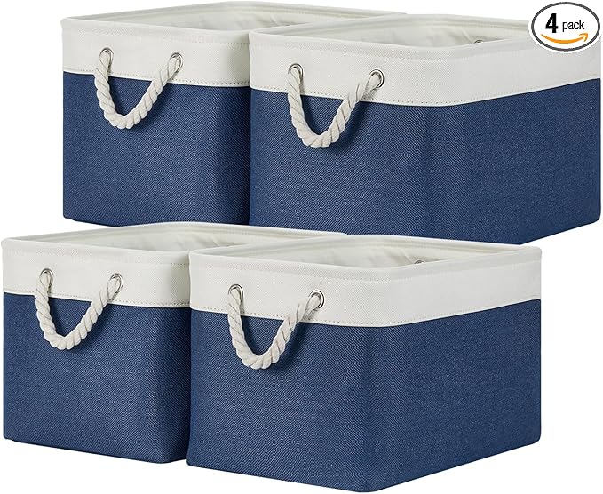 Temary Fabric Storage Baskets 4Pack Storage Bins Decorative Basket for Gift, Clothes Bin with Rope Handle, Rectangle Baskets for Storage, Blankets(White&Blue,15x11x9.5 inch)
