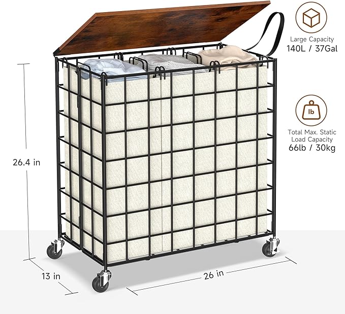 Laundry Basket with Wheels, Heavy Duty Laundry Sorter 3 Sections, 140L (37Gal.) Large Capacity Laundry Hamper with Wood Lid, 360 Rolling Wheels, Extra Side Pocket, Leather Pull Handle (Beige)